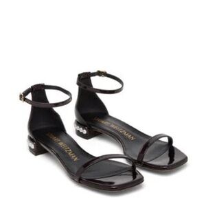 NEW Stuart Weitzman Nudistcurve Pearl-Embellished Leather Sandal Black Patent 8B